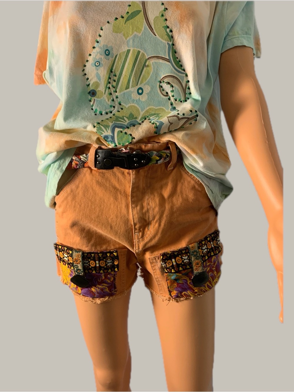 Boho Tan Patch Pocket Jean Shorts with Decorative Trim - Picture 2 of 12
